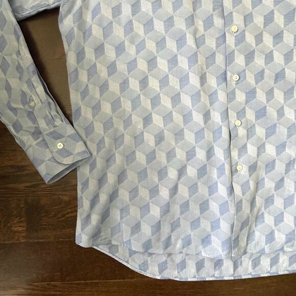 Men's Etro 100% Cotton Dress shirt White Blue 3D Squares-Sz. 44-XL - Picture 2 of 12